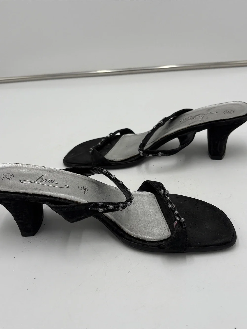 Vintage Y2K Fairycore Fioni Black Sandal Kitten Heels Beaded Women’s Size 8.5